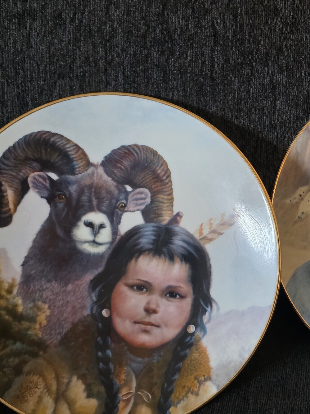 Decorative Native-Inspired Portrait Plate with Ram Motif - Blue & Brown